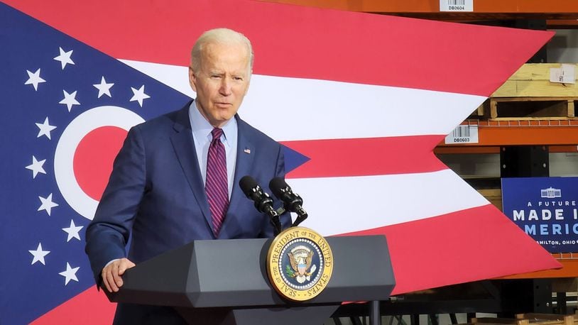 President Joe Biden speaks Friday, May 6, 2022, at United Performance Metals in Hamilton. He spoke on the importance of American manufacturing and urged Congress to pass legislation such as the Bipartisan Innovation Act. NICK GRAHAM/STAFF