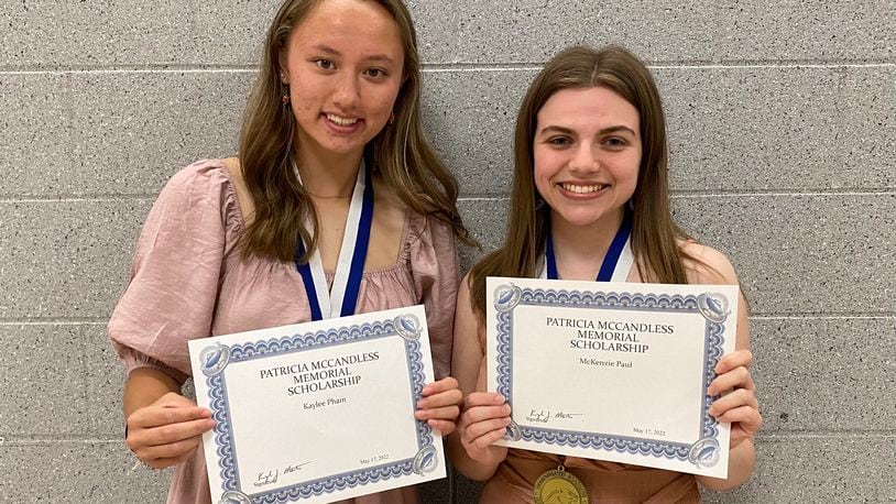 Springboro High School seniors Kaylee Pham, left, and McKenzie Paul are the first recipients of the Patricia McCandless Memorial Scholarship. The students received their scholarships during the school's annual Senior Awards Night. Both students received a one-year, $7,000 scholarship. CONTRIBUTED/SPRINGBORO SCHOOLS