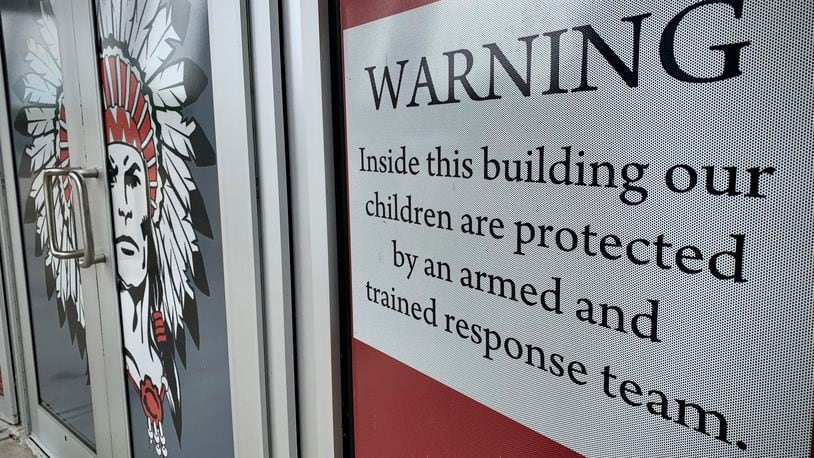 The warning sign you see entering Stebbins High School. Mad River School district staff members volunteered to be a armed and trained response team and were approved by the district administrators as well as law enforcement. MARSHALL GORBY\STAFF