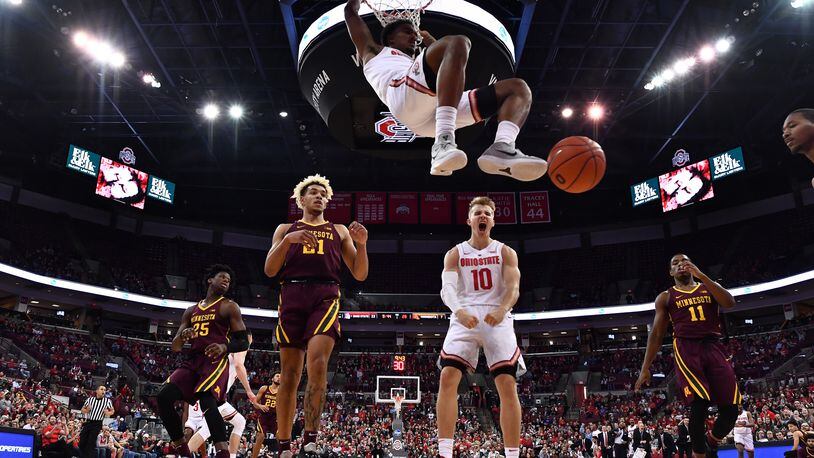 COLUMBUS, OH - DECEMBER 2:  Musa Jallow #2 of the Ohio State Buckeyes finishes off a fast break with a dunk in the first half the Minnesota Golden Gophers on December 2, 2018 at Value City Arena in Columbus, Ohio. Ohio State defeated Minnesota 79-59.  (Photo by Jamie Sabau/Getty Images)