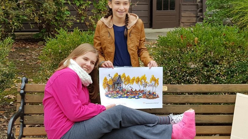 Mary Perkins (seated) chose her friend Nina Friedline to ride on the Rose Parade float with her. They hold a sketch of the tentative design for the float. CONTRIBUTED