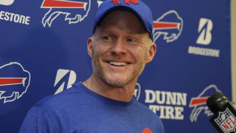 Buffalo Bills head coach Sean McDermott smiles during a post-game news conference at the end of an NFL football game against the Miami Dolphins, Sunday, Dec. 31, 2017, in Miami Gardens, Fla. The Bills defeated the Dolphins 22-16. (AP Photo/Lynne Sladky)