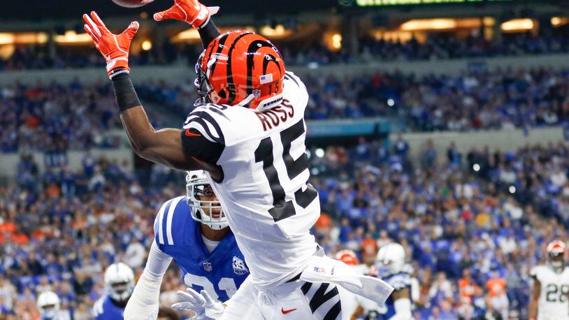 Cincinnati Bengals wide receiver John Ross (15) hauls in this touchdown pass in the second quarter against the Indianapolis Colts on Sunday, Sept. 9, 2018 at Lucas Oil Stadium in Indianapolis, Ind. (Sam Riche/TNS)