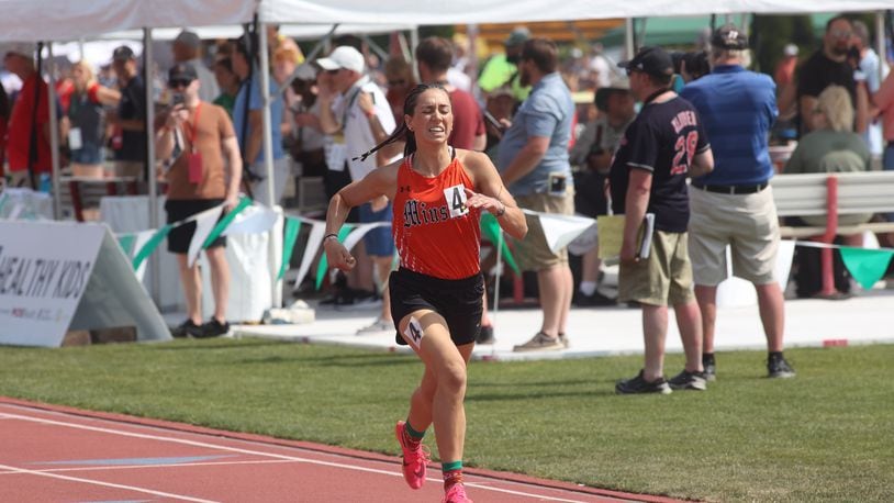 Minster's Taylor Roth runs to victory in the 800-meter run at the Division III state track meet on Saturday, June 3, 2023, at Jesse Owens Memorial Stadium in Columbus, Ohio. David Jablonski/Staff