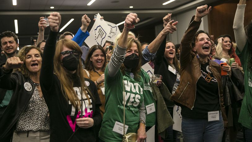 File - Supporters of Issue 1, a ballot measure enshrining a right to abortion in Ohio’s state Constitution, reacting as its passage is announced at an election watch party in Columbus, on Nov. 7, 2023. Ohio voters resoundingly approved the ballot measure..(Maddie McGarvey/The New York Times)