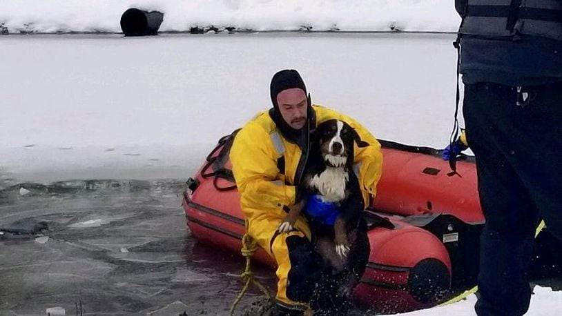 Franklin Firefighter/EMT Kyle Keeler is holding Maggie, a puppy that had to be rescued from an icy pond on Beal Road after falling through the ice. CONTRIBUTED.