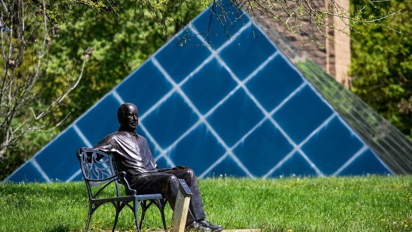 A sculpture of Harry T. Wilks near the Pyramid House over looks Pyramid Hill Sculpture Park that has reopened for members only Monday, May 4 after being closed for a while due to the coronavirus pandemic. The museum, welcome center and restrooms remain closed. NICK GRAHAM / STAFF