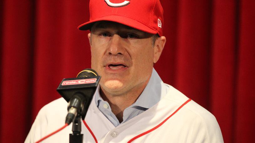 New Reds manager David Bell speaks in a press conference at Great American Ball Park on Monday, Oct. 22, 2018, in Cincinnati. David Jablonski/Staff