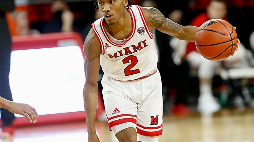 Miami Redhawks guard Mekhi Lairy controls the ball against Western Michigan during Mid-American Conference play at Millett Hall in Oxford Jan. 30, 2021. Contributed photo by E.L. Hubbard