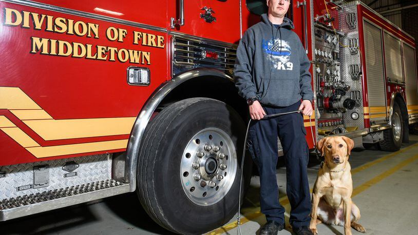 The Middletown Fire Department now has a dog trained to sniff out accelerants. The Labrador retriever mix from the Animal Friends Humane Society is named Scottie. Firefighter Chris Klug is Scottie’s handler. NICK GRAHAM/STAFF