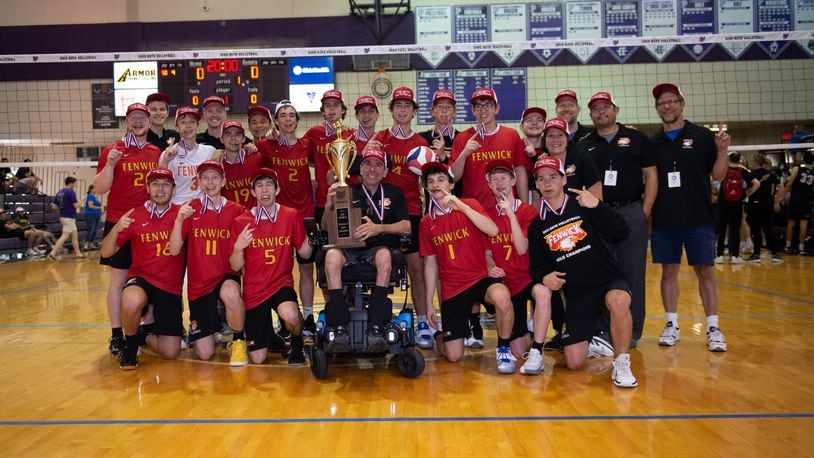 Fenwick High School won its second state volleyball title recently. Pete Ehrlich, who was diagnosed with ALS two years ago, coached the Falcons to their first title since 2013. PHOTO BY JTH PHOTOGRAPHY