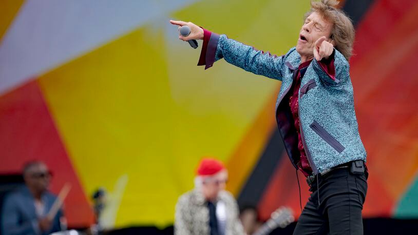 Mick Jagger and Keith Richards, of the Rolling Stones, perform during the New Orleans Jazz and Heritage Festival in New Orleans, Thursday, May 2, 2024. (AP Photo/Matthew Hinton)
