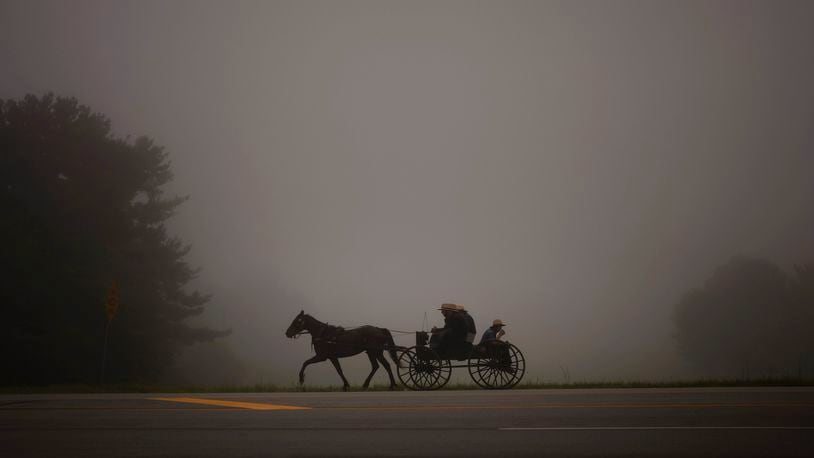 An Amish horse and buggy cross a road near Fremontin in Steuben County, Ind., Tuesday, Aug. 17, 2021. (AP Photo/Emilio Morenatti)
