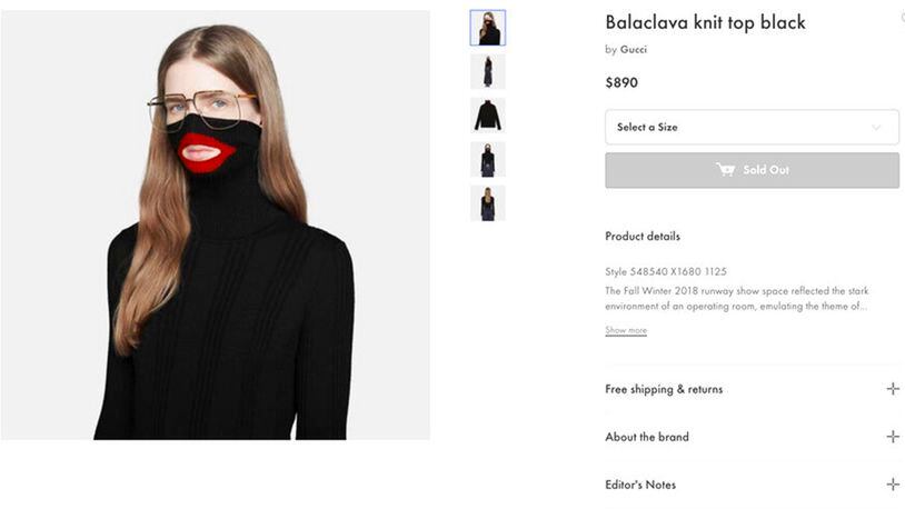 A screenshot taken on Thursday Feb.7, 2019 from an online fashion outlet showing a Gucci turtleneck black wool balaclava sweater for sale, that they recently pulled from its online and physical stores. Gucci has apologized for the wool sweater that resembled a "blackface" and said the item had been removed from its online and physical stores, the latest case of an Italian fashion house having to apologize for cultural or racial insensitivity.