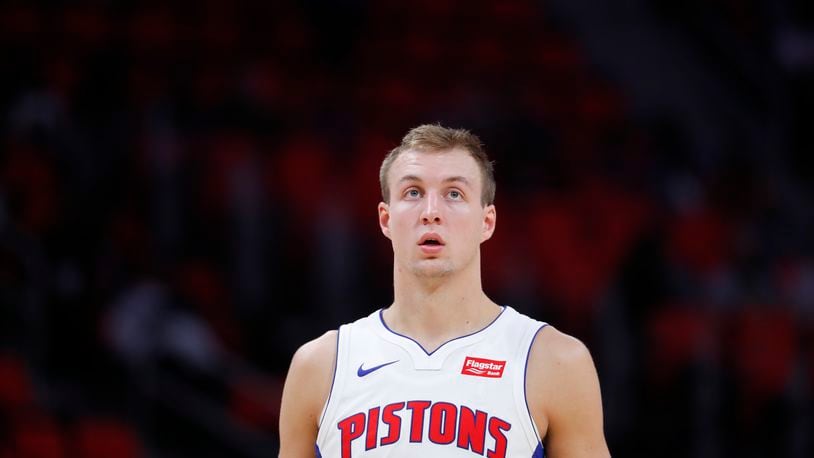 Detroit Pistons guard Luke Kennard (5) plays against the Indiana Pacers in the first half of a preseason NBA basketball game in Detroit, Monday, Oct. 9, 2017. (AP Photo/Paul Sancya)