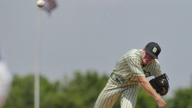 Badin's Ryan Kirkendall pitches during their 5-0 win over Wyoming Saturday, June 5, 2021 in Mason. NICK GRAHAM / STAFF