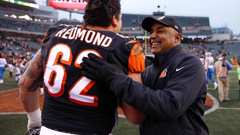 CINCINNATI, OH - DECEMBER 24: Head coach Marvin Lewis of the Cincinnati Bengals celebrates with Alex Redmond #62 after the game against the Detroit Lions at Paul Brown Stadium on December 24, 2017 in Cincinnati, Ohio. (Photo by Joe Robbins/Getty Images)