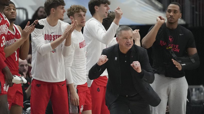 Ohio State's head coach Chris Holtmann reacts during the second half of an NCAA college basketball game against Iowa at the Big Ten men's tournament, Thursday, March 9, 2023, in Chicago. (AP Photo/Erin Hooley)