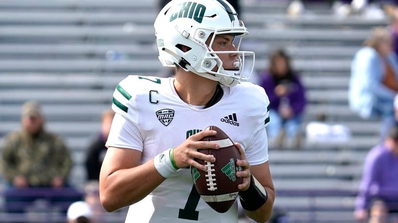 Ohio quarterback Kurtis Rourke looks to pass during the second half of an NCAA college football game against Northwestern in Evanston, Ill., Saturday, Sept. 25, 2021. Northwestern won 35-6. (AP Photo/Nam Y. Huh)