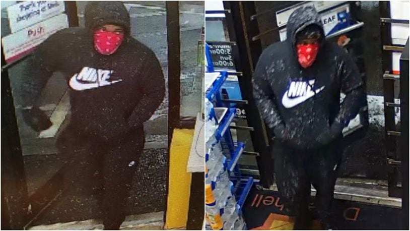 Police are looking for a man they say robbed gas stations in Deerfield Twp. (left) and Hamilton (right) on Tuesday night, Feb. 8, 2021. CONTRIBUTED