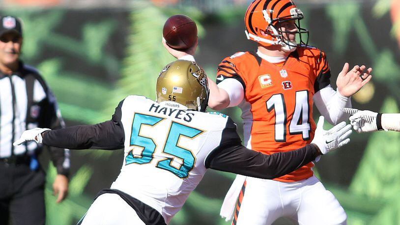 CINCINNATI, OH - NOVEMBER 2: Andy Dalton #14 of the Cincinnati Bengals throws a pass as Geno Hayes #55 of the Jacksonville Jaguars applies pressure during the second quarter at Paul Brown Stadium on November 2, 2014 in Cincinnati, Ohio. (Photo by John Grieshop/Getty Images)