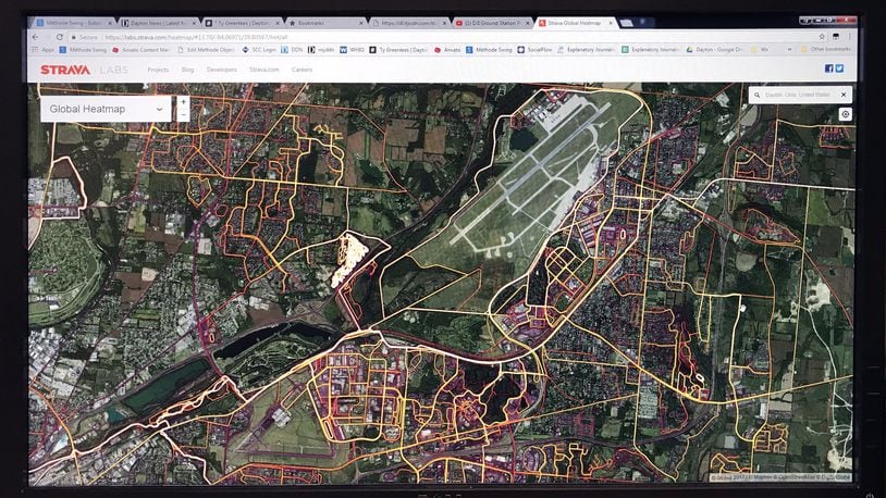 The Strava Global Heat Map shows past fitness activity indicated near Wright-Patterson Air Force Base. TY GREENLEES / STAFF