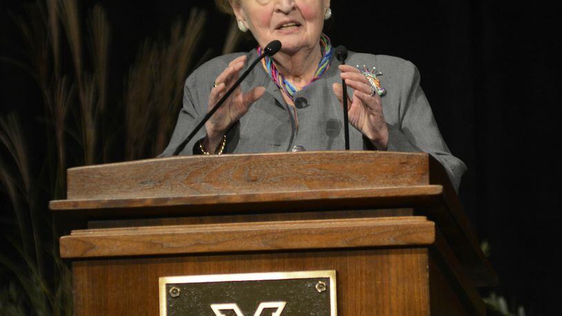 Former U.S. Secretary of State Madeleine Albright spoke to several hundred people on Monday evening inside Millett Hall on the campus of Miami University in Oxford. Her speech was a part of the Farmers School of Business Lecture Series. MICHAEL D. PITMAN/STAFF