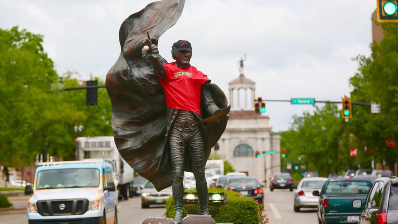 The iconic Alexander Hamilton statue in downtown Hamilton is sporting a Hamilton Joes jersey in honor of the team’s opening night, June 15. GREG LYNCH/STAFF