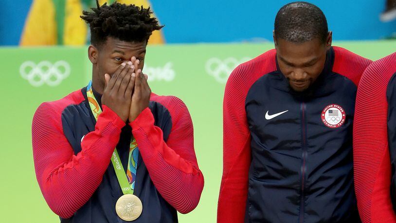 Jimmy Butler, and Kevin Durant, react on the podium following the Men's Gold medal game on Day 16 of the Rio 2016 Olympic Games at Carioca Arena 1 on August 21, 2016 in Rio de Janeiro, Brazil. (Photo by Christian Petersen/Getty Images)