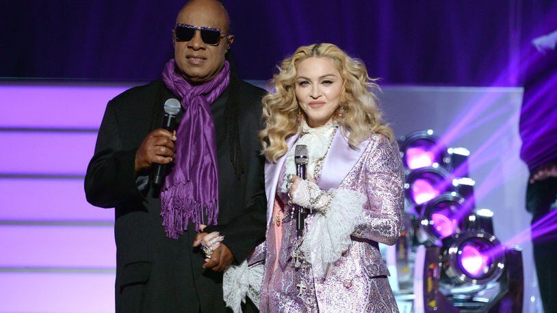 LAS VEGAS, NV - MAY 22: Recording artists Stevie Wonder (L) and Madonna perform a tribute to Prince onstage during the 2016 Billboard Music Awards at T-Mobile Arena on May 22, 2016 in Las Vegas, Nevada. (Photo by Kevin Winter/Getty Images)