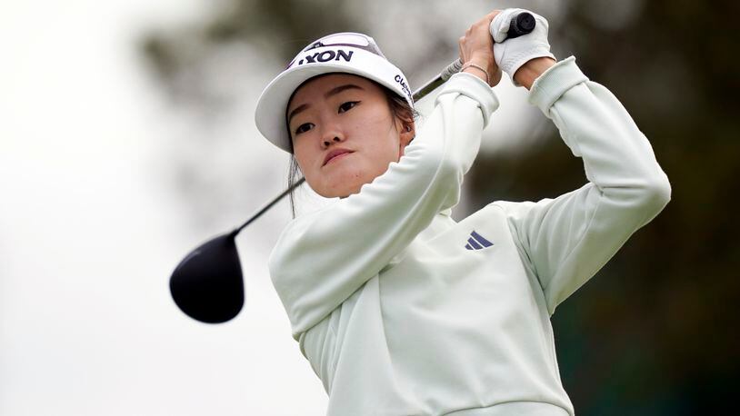 Grace Kim hits from the 16th tee during the first round of the LPGA LA Championship golf tournament at Wilshire Country Club, Thursday, April 25, 2024, in Los Angeles. (AP Photo/Ryan Sun)