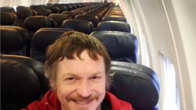 Skirmantas Strimaitis took a selfie on his flight from Vilnius to Bergamo to show he was the only passenger on the Boeing 737-800 plane.