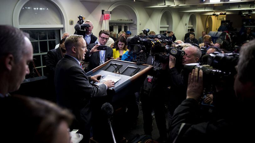 White House Press Secretary Sean Spicer briefs reporters at the White House. The news media world found itself in a state of shock last Sunday, day after President Donald Trump declared himself in “a running war with the media.”