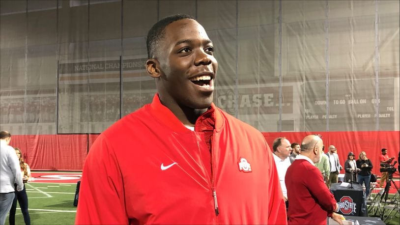 Ohio's No. 1 prospect from 2019, Zach Harrison, meets with reporters on National Signing Day at Ohio State (Photo: Marcus Hartman/CMG Ohio)