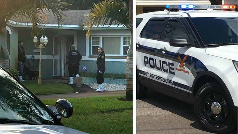 St. Petersburg, Fla., police investigators are seen, at left, outside the home of Gloria Davis, 56, who was found stabbed to death the morning of Monday, Nov. 25, 2019. Davis’ 13-year-old grandson has been charged with murder in her killing.