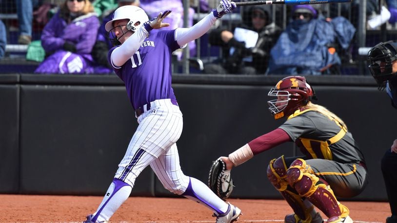 Northwestern University second baseman Rachel Lewis takes a cut at the plate during a game against Minnesota this season in Evanston, Ill. PHOTO COURTESY OF NORTHWESTERN ATHLETICS