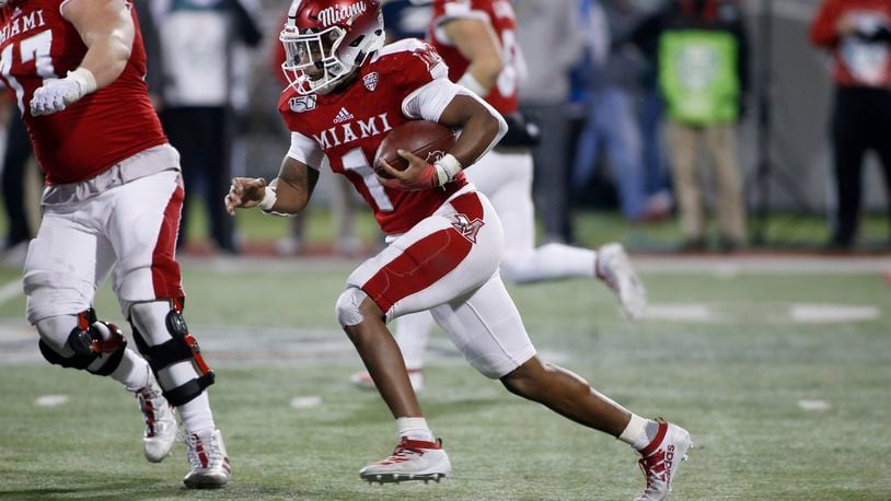 OXFORD, OHIO - NOVEMBER 20: Jaylon Bester #1 of the Miami of Ohio Redhawks runs the ball during the fourth quarter against the Akron Zips at Yager Stadium on November 20, 2019 in Oxford, Ohio. (Photo by Justin Casterline/Getty Images)