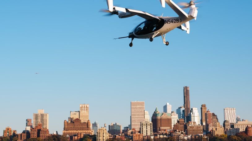 A Joby Aviation photo of its exhibition flight Sunday in New York City.