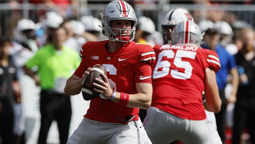 Ohio State quarterback Kyle McCord drops back to pass against Arkansas State during the second half of an NCAA college football game Saturday, Sept. 10, 2022, in Columbus, Ohio. (AP Photo/Jay LaPrete)