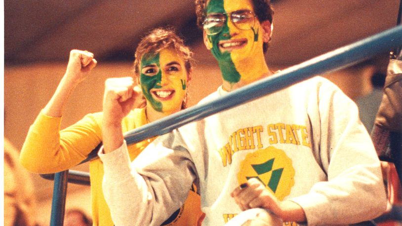 Gem City Jam: WSU fans celebrate the Raider win over the Flyers during the 1990 Gem City Jam at UD Arena. The "Jam" was an annual game between the crosstown rivals. It was discontinued in 1997. The Flyers and Raiders met eight times with Dayton winning five of the matches. SOURCES: LIBRARIES.WRIGHT.EDU / DAYTON DAILY NEWS
