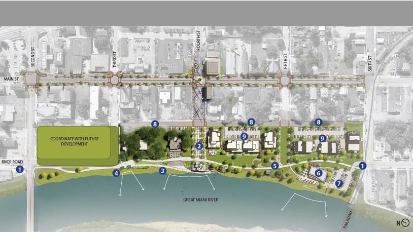 This is an artist's conception of the major features of the proposed Franklin plan to revitalize the east shore of the Great Miami River. Those features include: 1- a multi-purpose path connection; 2 - extend civic realm from Fourth Street crossroads to festival street with an interactive plaza/water feature and grand overlook at the Great Miami River; 3 -accessible path connecting upper paths with terraced seating and river access; 4 -riverview swings; 5 - history-themed play environment and picnic grove at Log Cabin; 6 - a brewery/restaurant with river views and outdoor dining terrace; 7 - parking and kayak access path to river; 8 - widened alleys; and 9- space for future development. East of the riverfront is the revitalized Main Street corridor which will become a two-way street through Franklin. CONTRIBUTED/CITY OF FRANKLIN