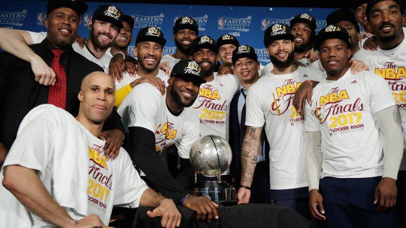BOSTON, MA - MAY 25:  The Cleveland Cavaliers pose with the Eastern Conference Championship Trophy after defeating the Boston Celtics 135-102 in Game Five of the 2017 NBA Eastern Conference Finals at TD Garden on May 25, 2017 in Boston, Massachusetts. The Cleveland Cavaliers defeat the Boston Celtics 4-1 in the Eastern Conference Finals to advance to the 2017 NBA Finals. NOTE TO USER: User expressly acknowledges and agrees that, by downloading and or using this photograph, User is consenting to the terms and conditions of the Getty Images License Agreement.  (Photo by Elise Amendola - Pool/Getty Images)