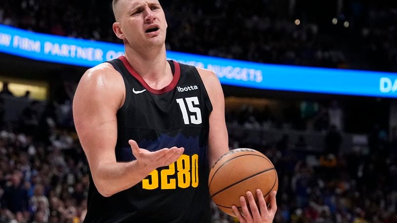 Denver Nuggets center Nikola Jokic reacts after a call during the second half in Game 2 of an NBA basketball first-round playoff series against the Los Angeles Lakers, Monday, April 22, 2024, in Denver. (AP Photo/Jack Dempsey)