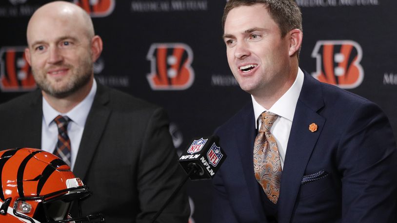 CINCINNATI, OH - FEBRUARY 05: Zac Taylor speaks to the media as Cincinnati Bengals director of player personnel Duke Tobin looks on after being introduced as the new head coach for the Bengals at Paul Brown Stadium on February 5, 2019 in Cincinnati, Ohio. (Photo by Joe Robbins/Getty Images)