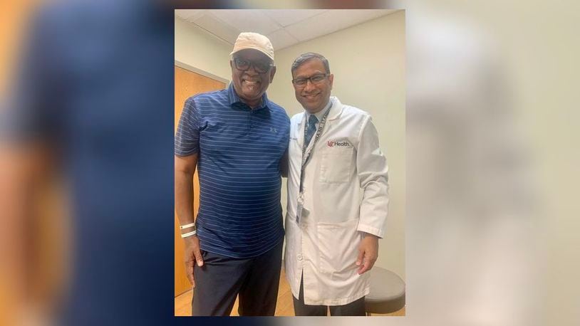 The Rev. Michael Bailey, pastor of Faith United Church in Middletown, and his urologist, Dr. Nilesh Patil, were all smiles after Bailey was declared cancer free. CONTRIBUTED