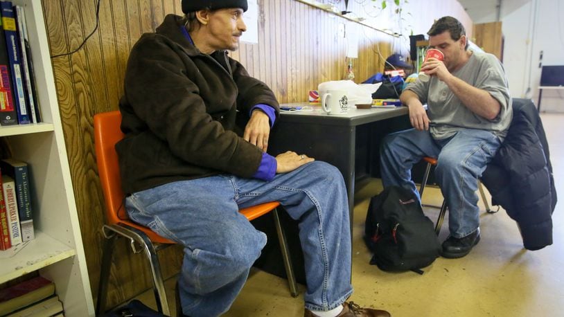 Michael Trembley and James Roach at the Serve City Shelter in Hamilton on Monday, Dec. 5. The number of homeless veterans is on the decline around the region. GREG LYNCH / STAFF