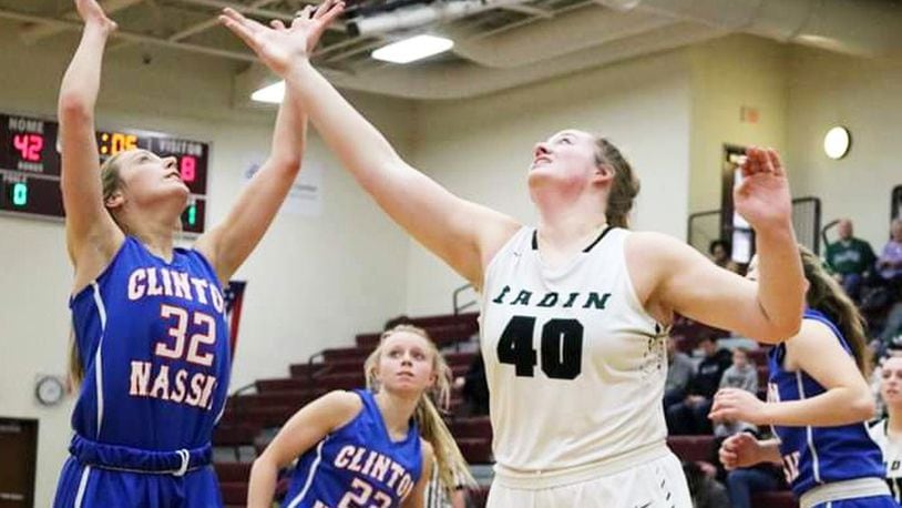 Badin’s Emma Broermann (40) and Clinton-Massie’s Patience Chowning (32) fight for a rebound during Saturday afternoon’s Division II sectional opener at Lebanon. Badin won 54-10. CONTRIBUTED PHOTO BY TERRI ADAMS