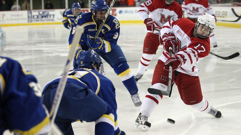 Andy Miele (17) of Miami shoots during a CCHA tournament game against Alaska, Saturday, March 12, 2011, at the Steve Cady Arena, in Oxford. FILE PHOTO

Photo by Robert Leifheit/Contributing Photographer