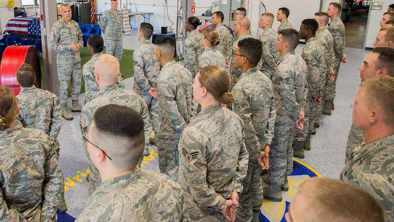 FILE: Maj. Gen. Bradley D. Spacy, Air Force Installation and Mission Support Center commander, speaks with Airmen of the Wright-Patterson Air Force Base Honor Guard in their training facility during a visit to the installation July 12, 2018. Spacy, a former commander of the U.S. Air Force Honor Guard, thanked the Airmen while reinforcing the importance of their mission of honoring service members who have passed. (U.S. Air Force photo/John Harrington)