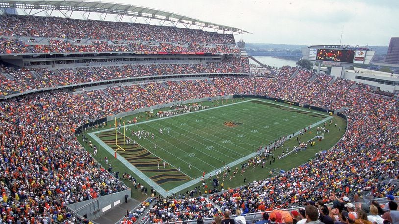A general view of the football field taken from the stadium during a game between the Cincinnati Bengals and the Cleveland Browns at the Paul Brown Stadium in Cincinnati on Sept. 10, 2000. The Browns defeated the Bengals 24-7 in the first game at Paul Brown Stadium. Jonathan Daniel /Allsport